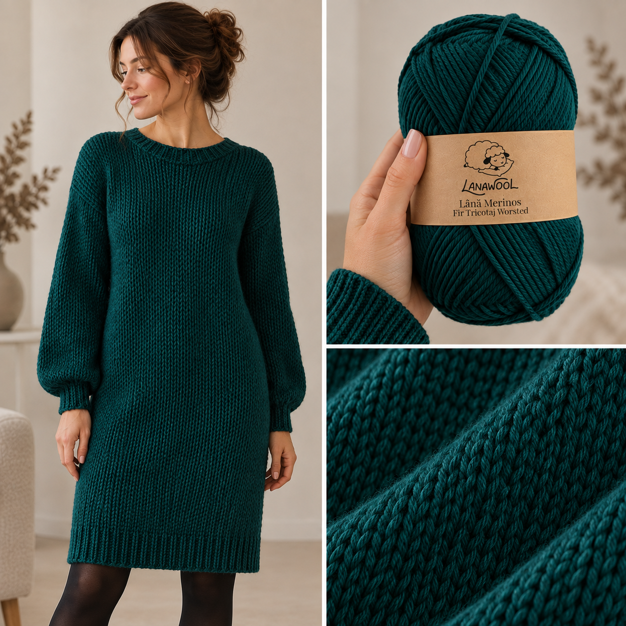 Set 3x Fir de tricotat/crosetat Lana 100% Merinos, LanaWool, 170m / 100g, 2-3mm grosime, Worsted/Aran, Verde Brad 224VB [2]