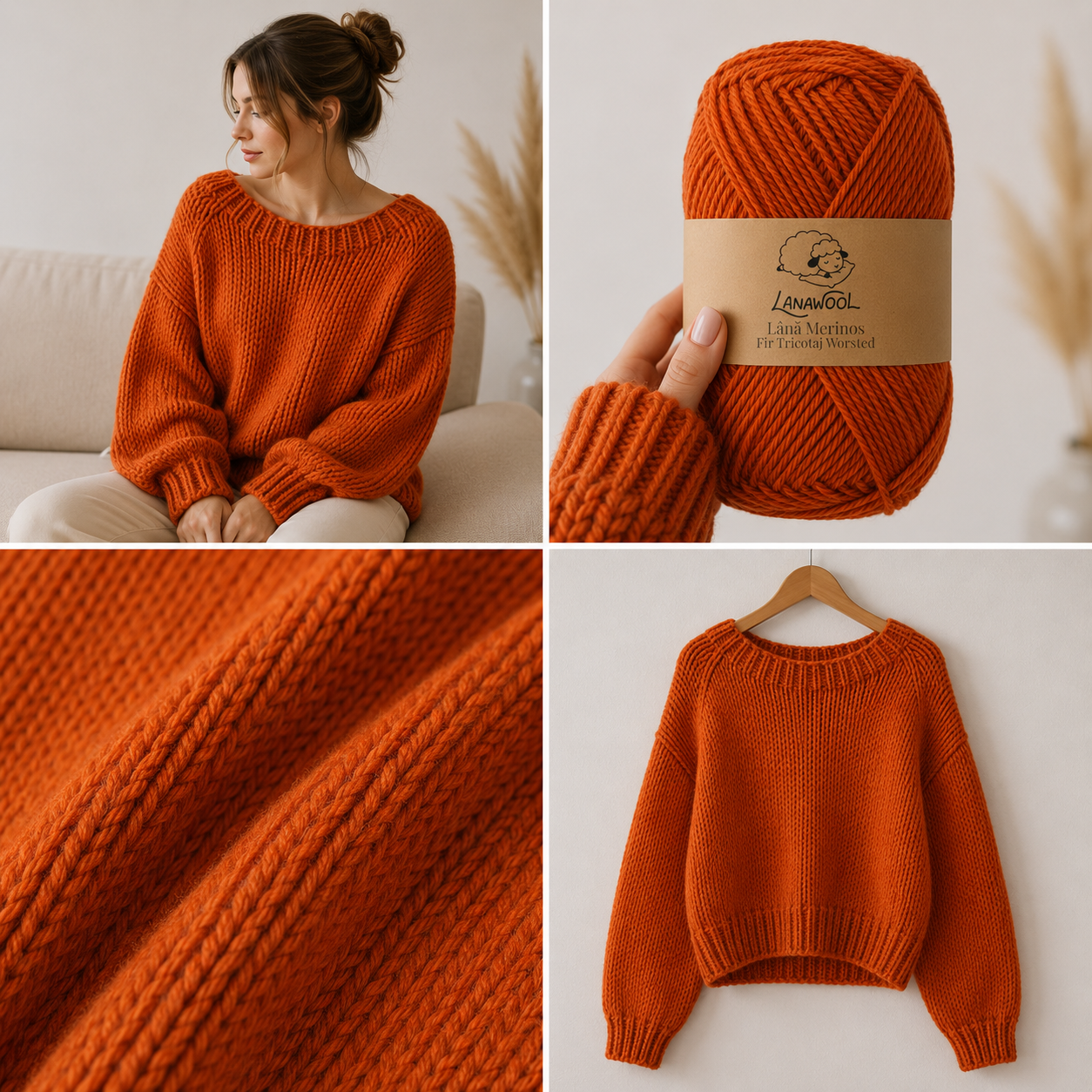 Pack of 3 x 100% Merino Wool Knitting/Crochet Yarn, LanaWool, 170 m / 100 g, 2–3 mm Thickness, Worsted/Aran Weight, Brick Orange 229CM [2]