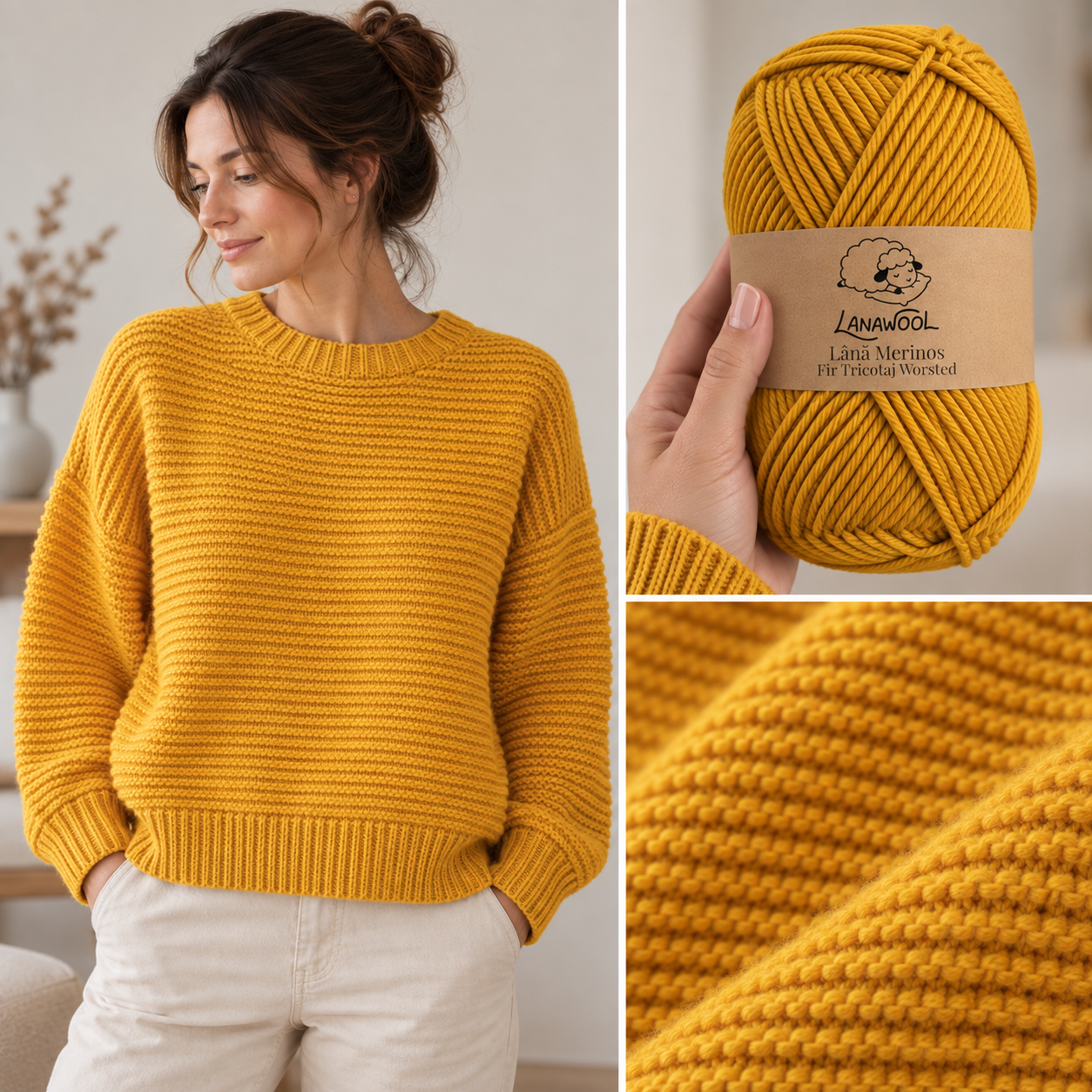 Set 3x Fir de tricotat/crosetat Lana 100% Merinos, LanaWool, 170m / 100g, 2-3mm grosime, Worsted/Aran, Galben-Mustar 247GM [2]