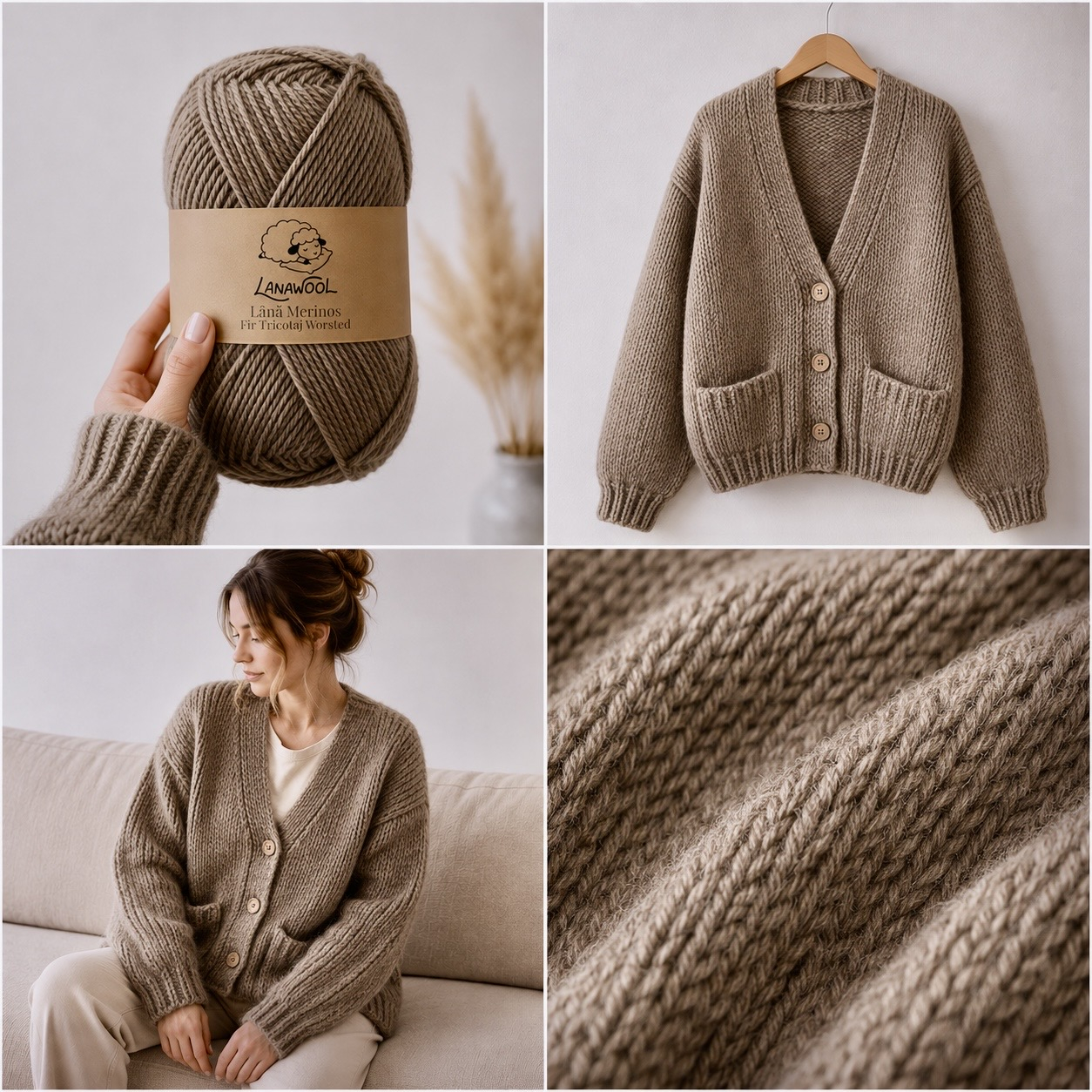 Pack of 3 x 100% Merino Wool Knitting/Crochet Yarn, LanaWool, 170 m / 100 g, 2–3 mm Thickness, Worsted/Aran Weight, Hazelnut Brown 228M [2]