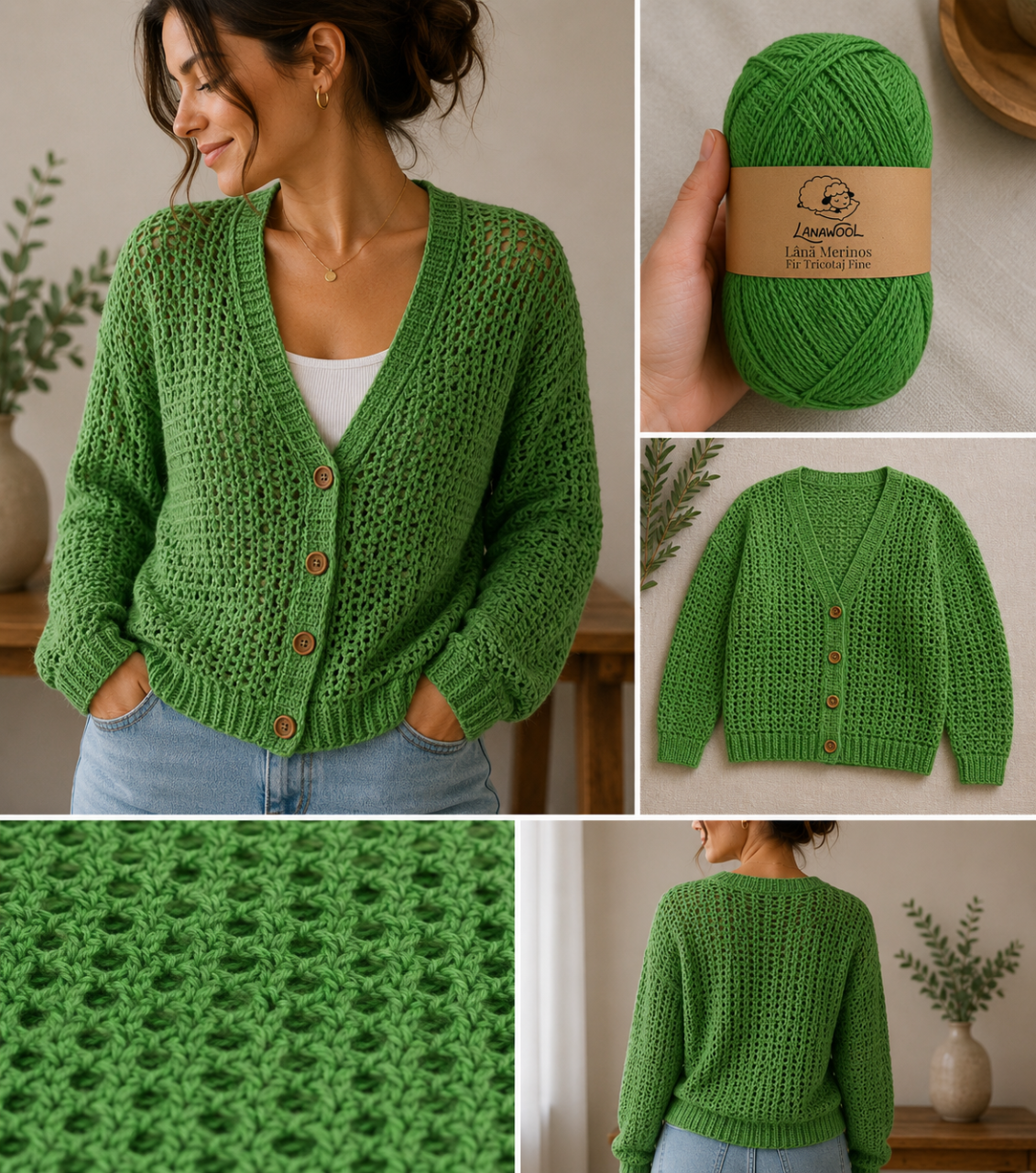 Set of 3 × 100% Merino Wool Knitting/Crochet Yarn, LanaWool, 400 m / 100 g Each, 1.5–2 mm Thickness, Fine, Green 263V [2]