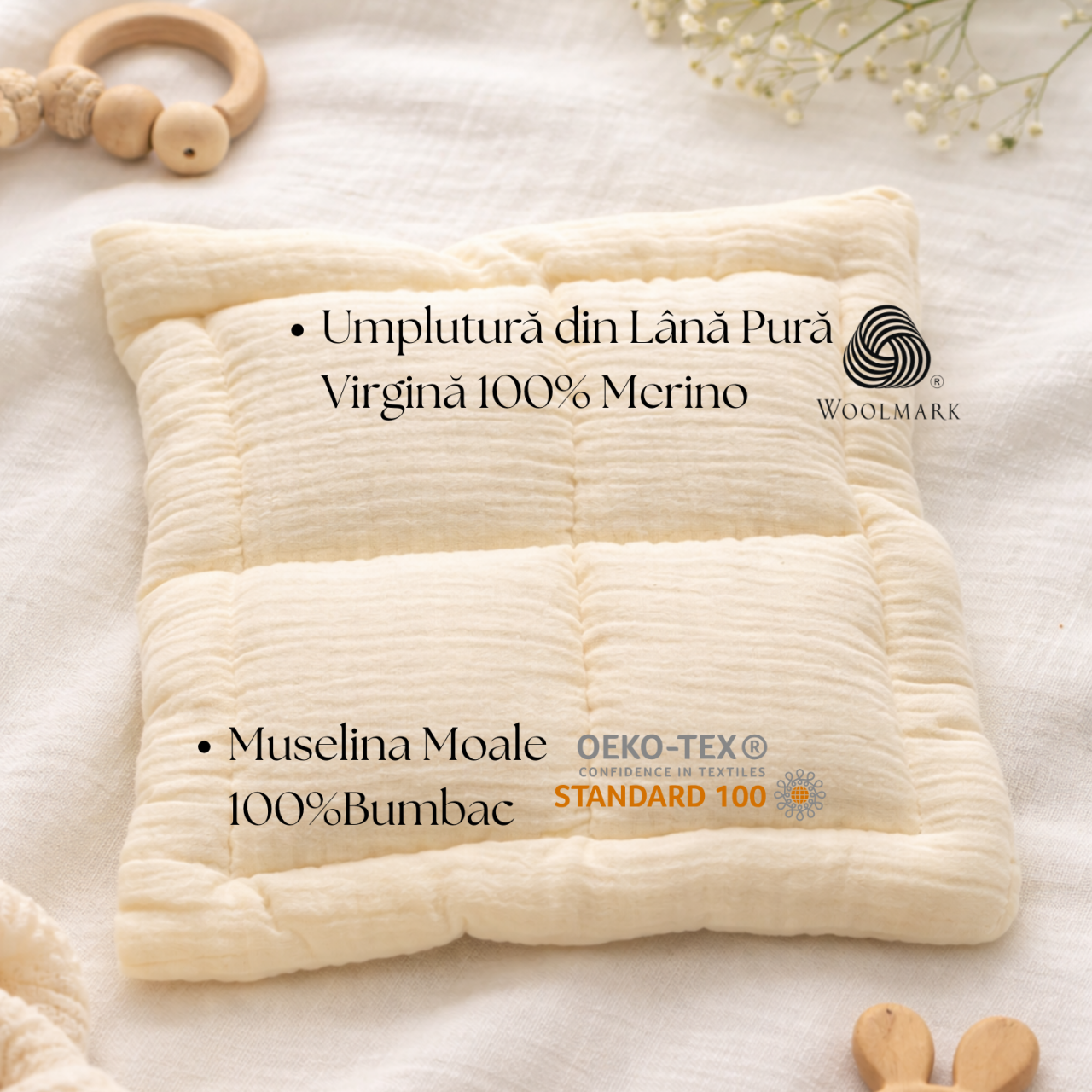 Set 3x Pernă Bebe Lână Merino 100% LanaWool | 25x25cm Fermitate Mică | Exterior Muselina OekoTex Clasa 1, Crem [4]