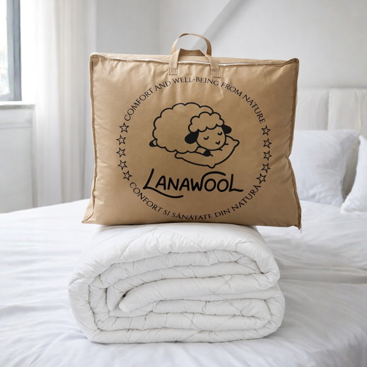 Topper Lână Merino 100% LanaWool | 140x200 cm 900 g/mp | Exterior Bumbac OekoTex Clasa 1 | Protecție Saltea, Alb [6]