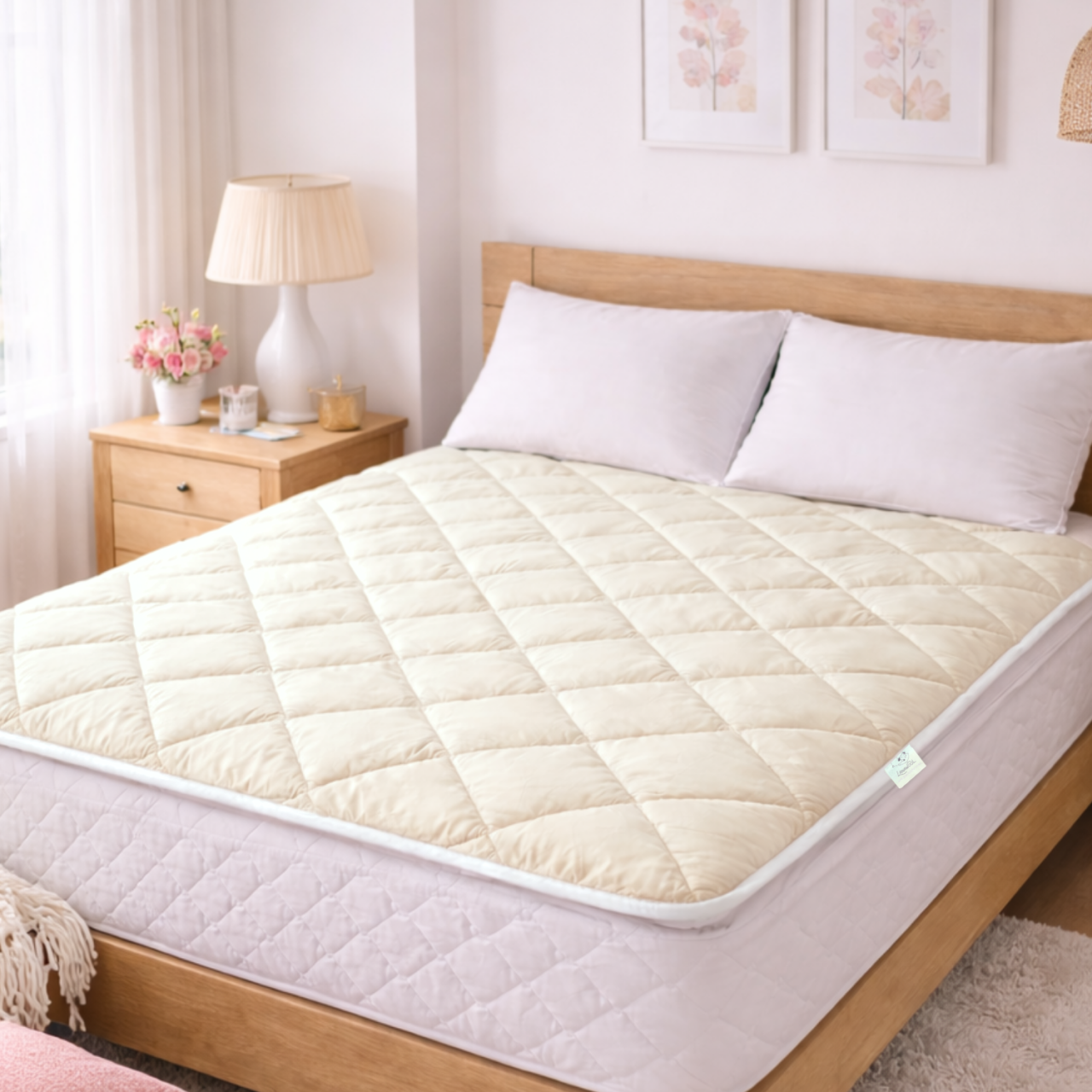 Topper Lână Merino 100% LanaWool | 90x200 cm 900 g/mp | Exterior Bumbac OekoTex Clasa 1 | Protecție Saltea, Crem [2]