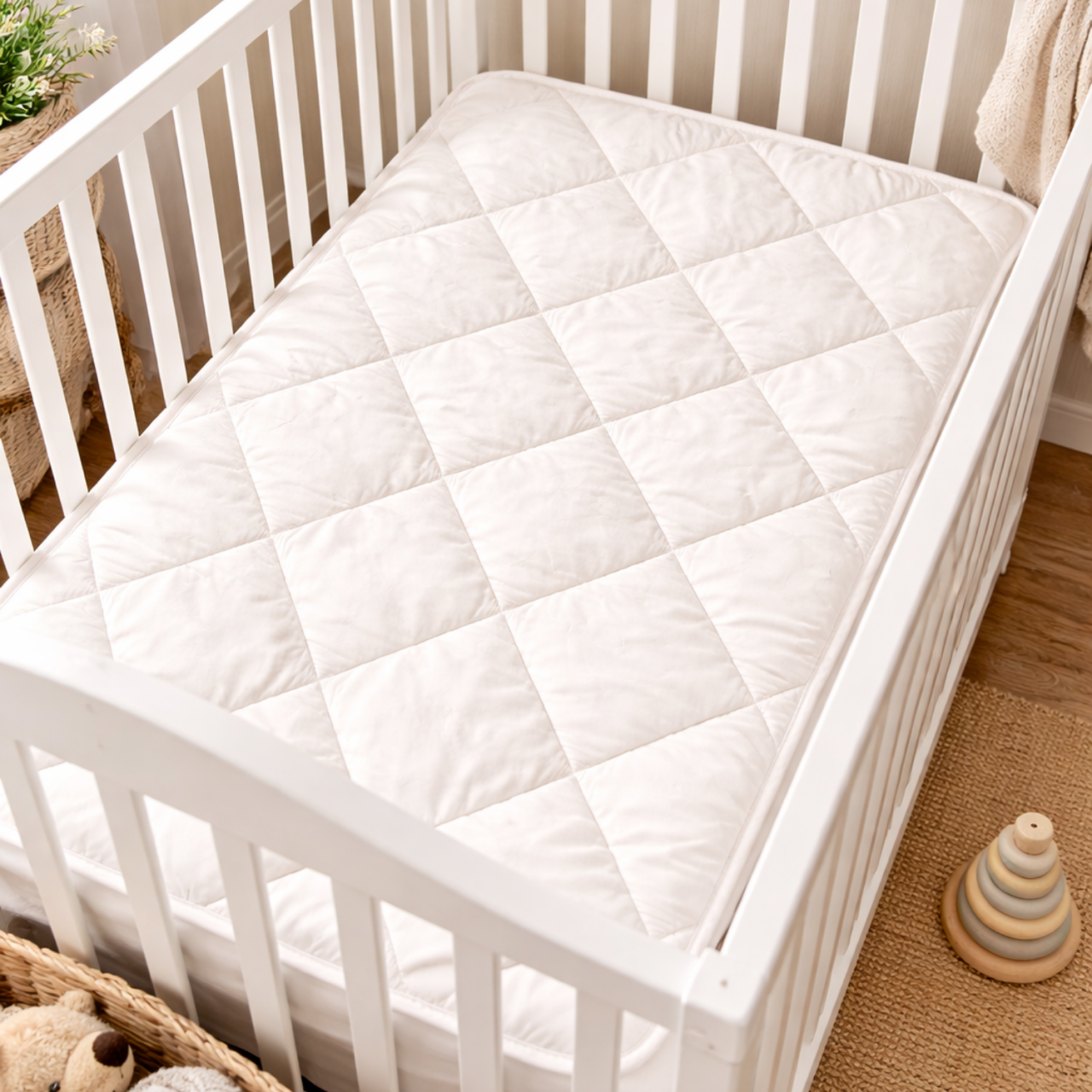 Topper Pătuț Bebe Lână Merino 100% LanaWool | 70x120 cm 900 g/mp | Exterior Bumbac OekoTex Clasa 1 | Protecție Saltea, Crem [2]