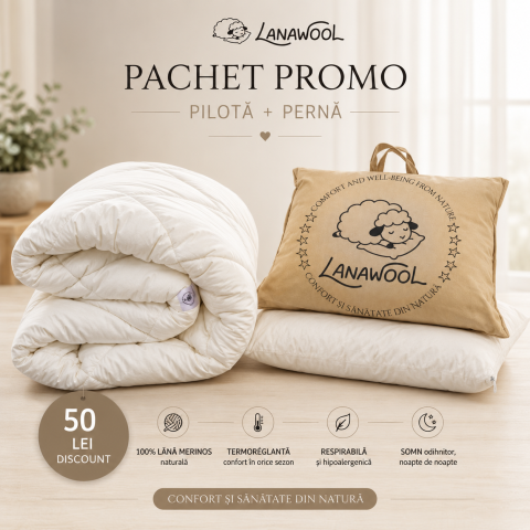 Pachete Promotionale - PACHET PROMO Pilota Lana Merinos 140X210CM, 800gr/mp Groasa-Iarna, Crem + Perna Lana Merinos 50x70cm, Fermitate ridicata 900g, Crem