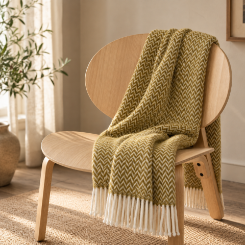 Paturi din Lana - Lanawool 100 % Merinowolle Decke, 150 x 200 cm, 417 g/m², Dick & Warm, Temperaturregulierend, Atmungsaktiv, Ockergelb, Chevron-Muster, mit Fransen