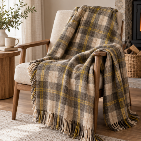 Paturi din Lana - Lanawool Decke aus 100 % Merinowolle, 206 × 215 cm, mit Fransen, 360 g/m², Wärmend, Temperaturregulierend, Atmungsaktiv, Irisches Karomuster, Neutrale Farben