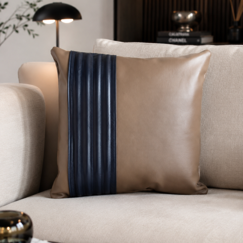 Decorative Cushion Aminea, with Genuine Leather Cover and 100% Merino Wool Filling, 40x40 cm, Zipper Closure,Cappuccino-Navy - Copie