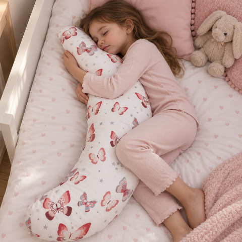 Kinder & Babys - Lanawool Seitenschläferkissen für Kinder, J-förmig, aus 100 % Merinowolle, 79 cm – Hoher Härtegrad, 400 g Füllung, Abnehmbarer Bezug aus 100 % Baumwolle + Kissenbezug mit Reißverschluss