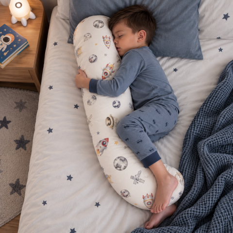 Kinder & Babys - Lanawool Seitenschläferkissen für Kinder, J-förmig, aus 100 % Merinowolle, 79 cm – Hoher Härtegrad, 500 g Füllung, Abnehmbarer Bezug aus 100 % Baumwolle + Kissenbezug mit Reißverschluss