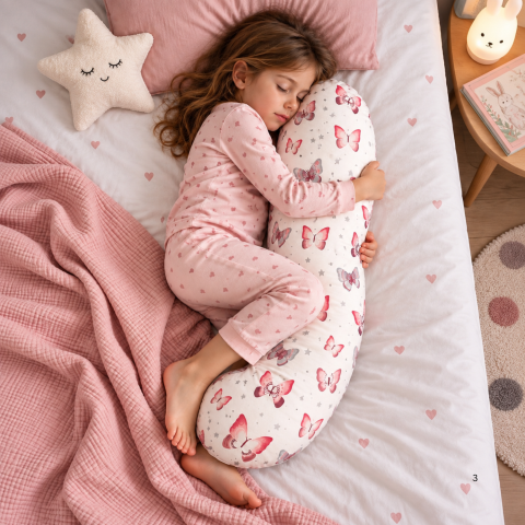 Kinder & Babys - Lanawool Seitenschläferkissen für Kinder, J-förmig, aus 100 % Merinowolle, 79 cm – Hoher Härtegrad, 500 g Füllung, Abnehmbarer Bezug aus 100 % Baumwolle + Kissenbezug mit Reißverschluss