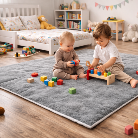 Copii & Bebeluși - Saltea de Joaca Copii Lână Merino 100% LanaWool |150x200cm 1000 g/mp | Exterior Bumbac OekoTex Clasa 1, Gri