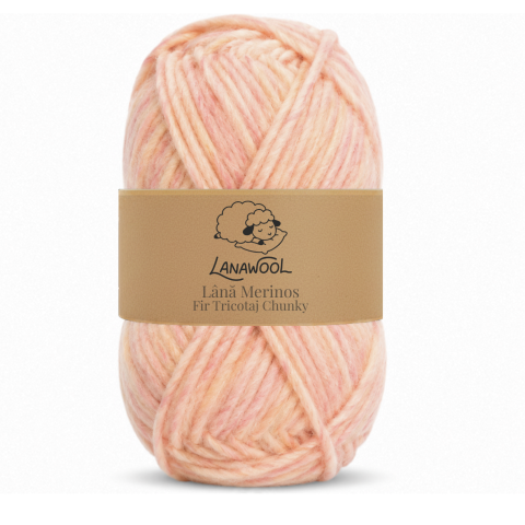 Lână Naturală - Set 3x Fir de tricotat/crosetat Lana 100% Merinos, LanaWool, 120m / 100g, 3-4mm grosime, Chunky, Alb-Roz 87DGR