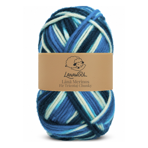 Lână Naturală - Set 3x Fir de tricotat/crosetat Lana 100% Merinos, LanaWool, 120m / 100g, 3-4mm grosime, Chunky, Alb-Albastru 82DGA