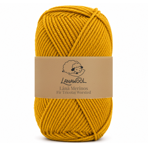 Lână Naturală - Set 3x Fir de tricotat/crosetat Lana 100% Merinos, LanaWool, 170m / 100g, 2-3mm grosime, Worsted/Aran, Galben-Mustar 247GM