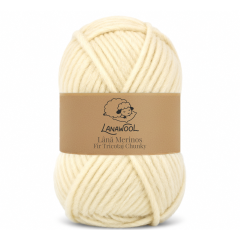 Lână Naturală - Set 3 x Fir de tricotat/crosetat Lana 100% Merinos, LanaWool, 120m / 100g, 3-4mm grosime, Chunky, Alb Natur 59AN