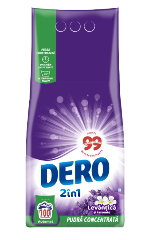 Detergent de rufe pudra Dero 2in1 Levantica si iasomie, 7.5 kg, 100 spalari Detergent Rufe - Detergent de rufe pudra Dero 2in1 Levantica si iasomie, 7.5 kg, 100 spalari