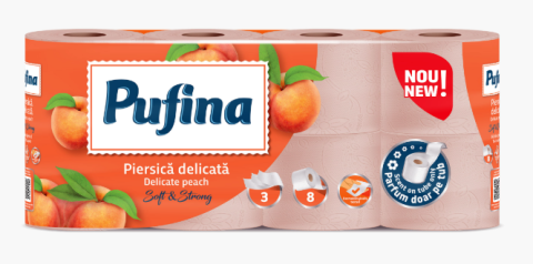 Produse curatare baie - Pufina Hartie igienica aroma piersica, 8, 3 straturi