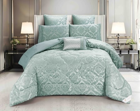 Set pilote Jacquard - Set Lenjerie Luxury Jacquard Jojo Home – 7 piese premium verde pastel