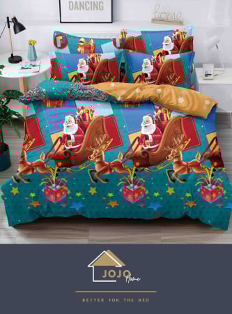 Lenjerii de pat Craciun - 2 persoane - Lenjerie de pat Crăciun Jojo Home cu Moș Crăciun și reni – set 6 piese festive