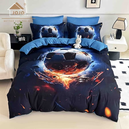 Lenjerii 3D/5D Digital Print - 2 persoane - Lenjerie de pat Jojo Home Football Fire din bumbac finet – set 6 piese ⚽