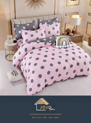 Lenjerii de pat fara elastic - 2 persoane - Lenjerie de pat JoJo Home din Finet cu 2 Fețe – Roz cu Buline Gri, 6 Piese