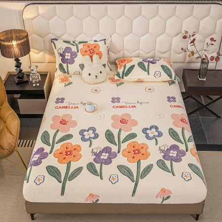 Huse de pat cocolino - Husă de pat Cocolino Jojo Home Camellia cu elastic și 2 fețe de pernă – 180x200 cm 