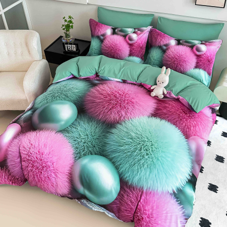 Lenjerie de pat Jojo Home roz-turcoaz cu bile pufoase 3D – 4 piese (140x200 cm) [1]