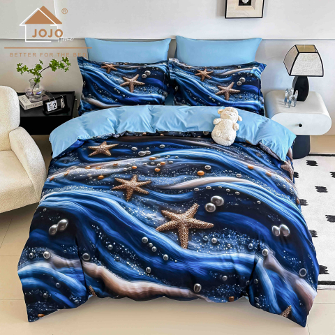 Lenjerii 3D/5D Digital Print - 2 persoane - Lenjerie Finet – Blue Ocean Starfish – 6 Piese – JOJO Home