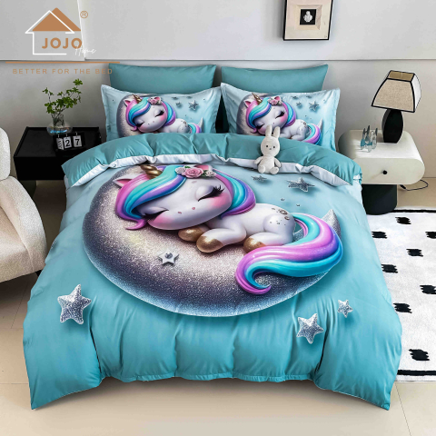 Lenjerii 3D/5D Digital Print - 2 persoane - Lenjerie Finet Unicorn Dream Moon – 6 Piese – JOJO Home
