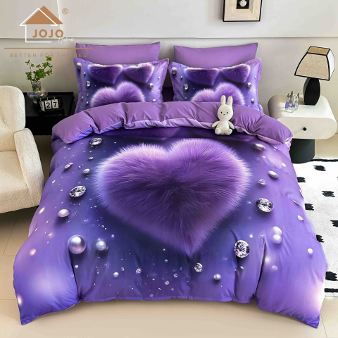 Lenjerii 3D/5D Digital Print - 2 persoane - Lenjerie Finet – Heart Velvet Purple – 6 Piese – JOJO Home
