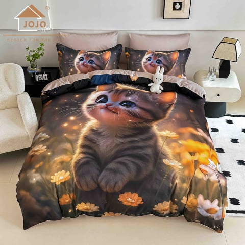 Lenjerii 3D/5D Digital Print - 2 persoane - Lenjerie Finet – Kitty Glow – 6 Piese – JOJO Home