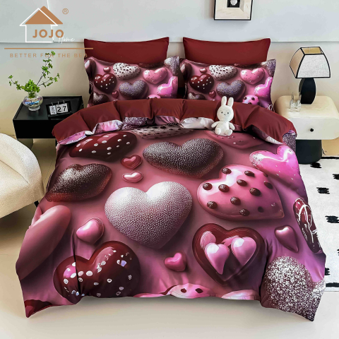 Lenjerii 3D/5D Digital Print - 2 persoane - Lenjerie Finet 6 Piese – Hearts Pink Chocolate – Jojo Home