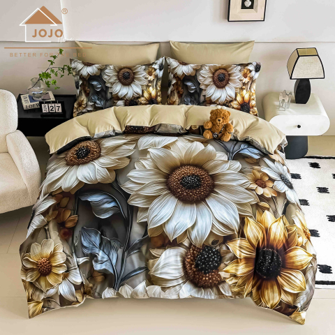 Lenjerii 3D/5D Digital Print - 2 persoane - Lenjerie Finet – Golden Sunflowers – 6 Piese – JOJO Home