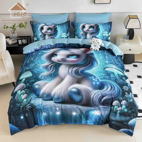 Lenjerii 3D/5D Digital Print - 2 persoane - Lenjerie Finet – Unicorn Magic Blue – 6 Piese – JOJO Home