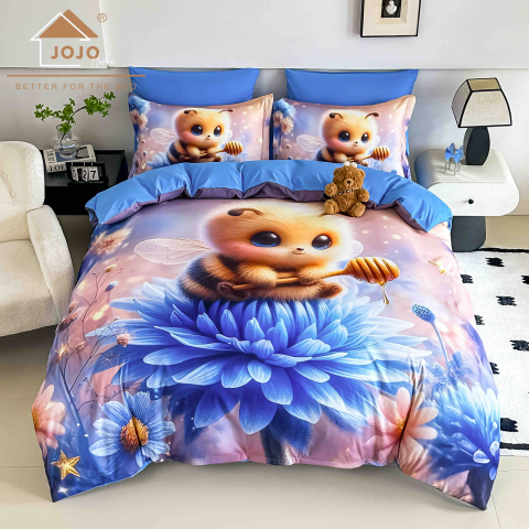 Lenjerii 3D/5D Digital Print - 2 persoane - Lenjerie Finet – Bee Fantasy Blue – 6 Piese – JOJO Home