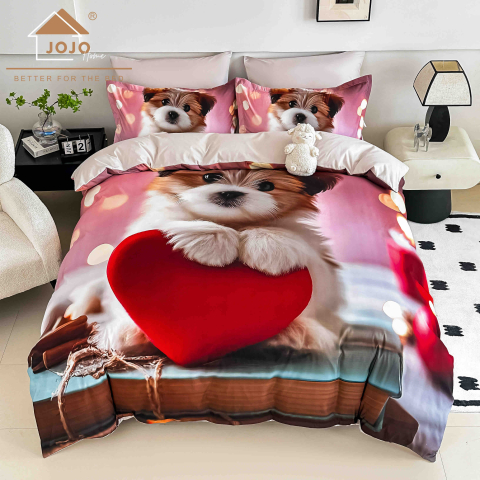Lenjerii 3D/5D Digital Print - 2 persoane - Lenjerie de Pat Finet 6 Piese – Cățeluș cu Inimă Roșie – Digital Print JOJO Home