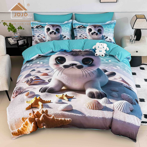 Lenjerii 3D/5D Digital Print - 2 persoane - LLenjerie Finet 6 Piese – Sea Baby Seal – JOJO Home