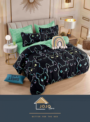 Lenjerii de pat fara elastic - 2 persoane - lenjerie-jojo-home-pisici-negre-verde.jpg