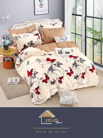 Lenjerii de pat cu elastic - 2 persoane - lenjerie-jojo-home-crem-fluturi-rosii-eleganta.jpg