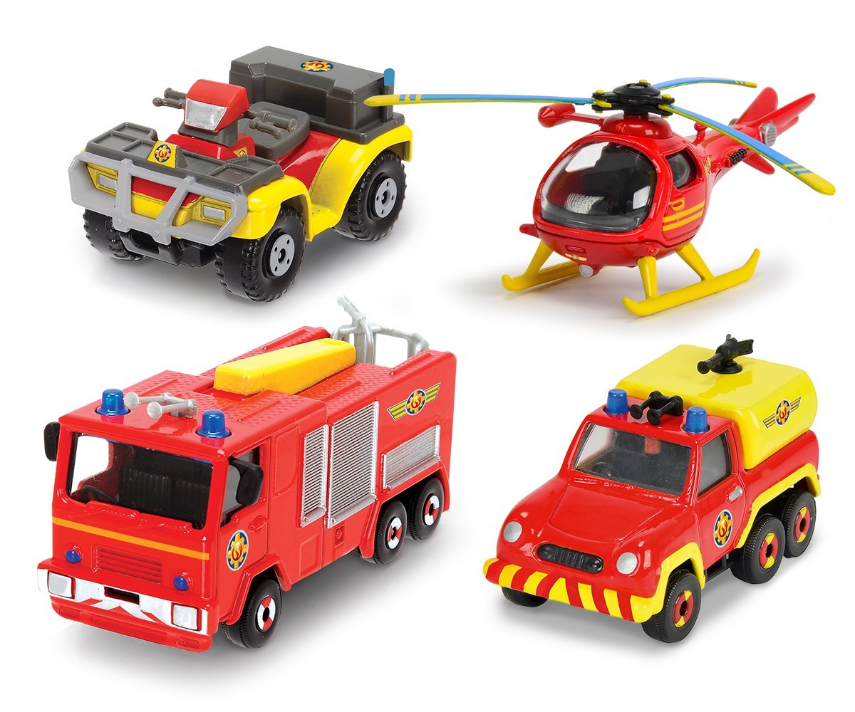 Jucării și jocuri - POMPIERUL SAM SET 4 VEHICULE DIN METAL CU ELICOPTER SCARA 1:64