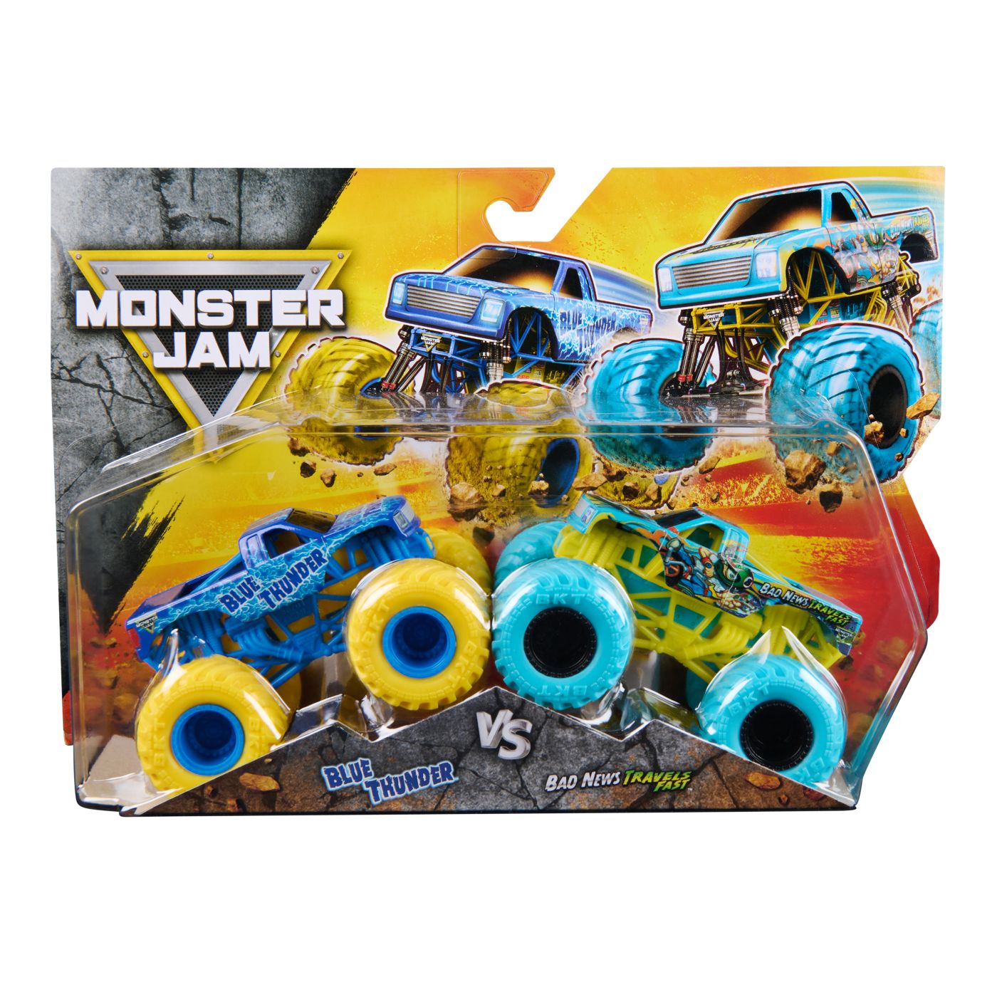 MONSTER JAM SET 2 MASINUTE METALICE BLUE THUNDER SI BAD NEWS TRAVELS FAST SCARA 1 LA 64 [1]