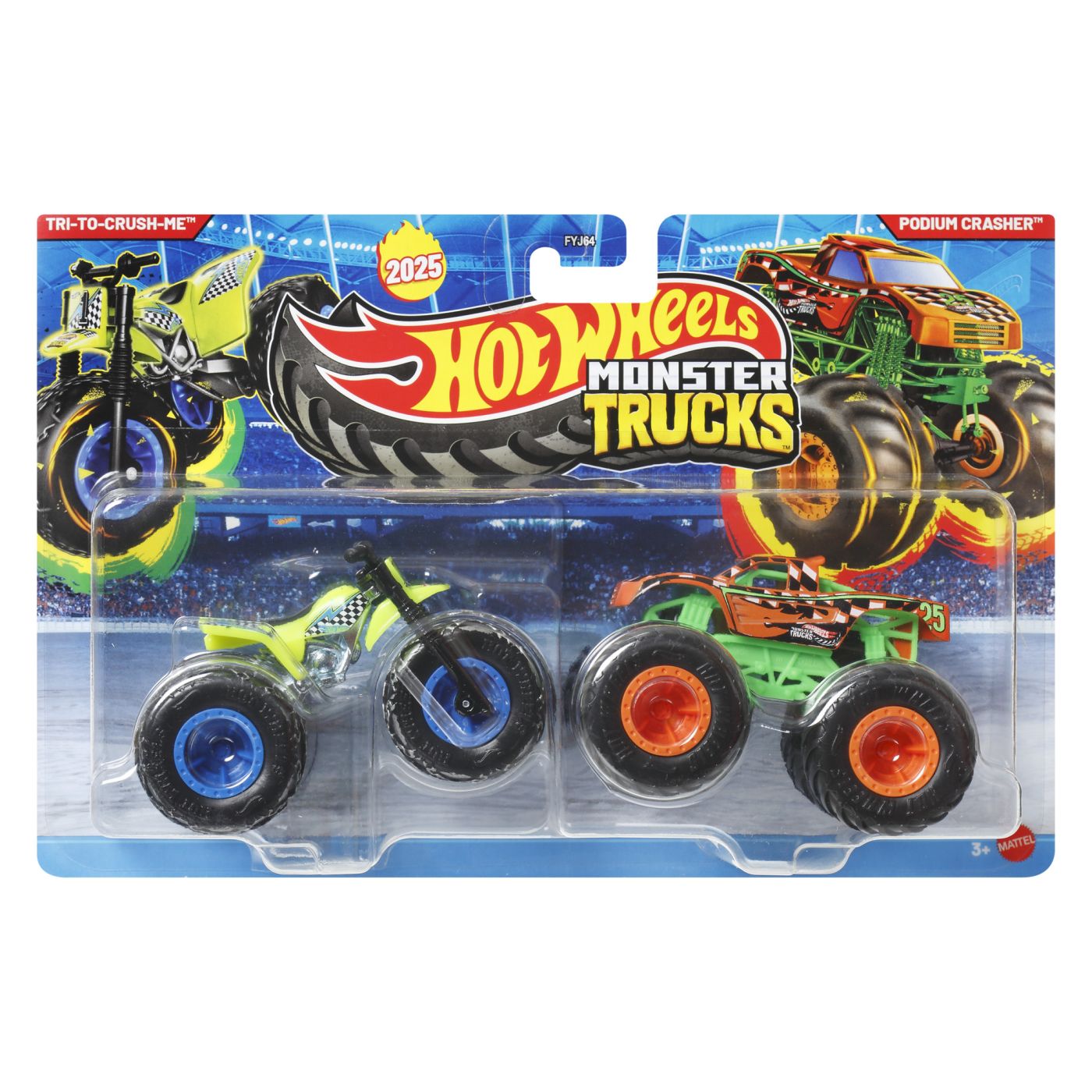 Jucării și jocuri - HOT WHEELS MONSTER TRUCK SET 2 MASINI TRI TO CRUSH ME SI PODIUM CRASHER SCARA 1 LA 64