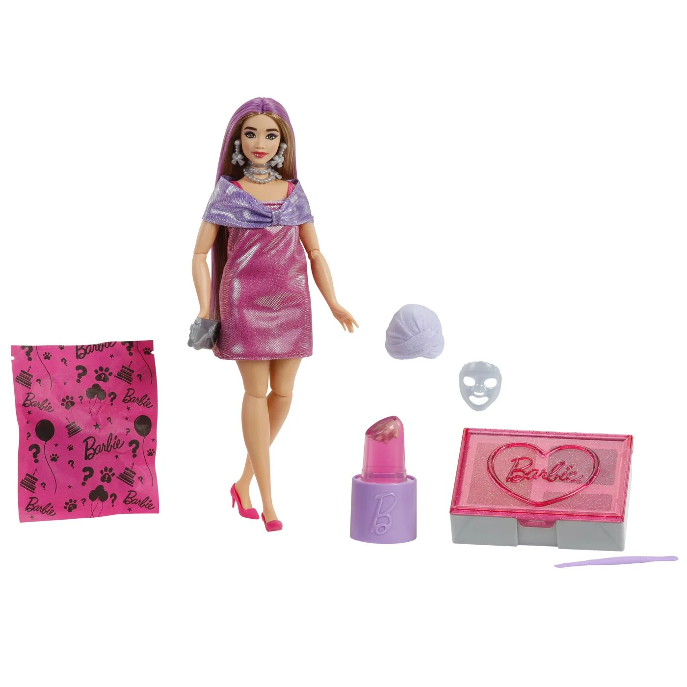 Barbie Set Party Unboxed Reveal Papusa Barbie Mov cu 10 Accesorii Surpriza [2]