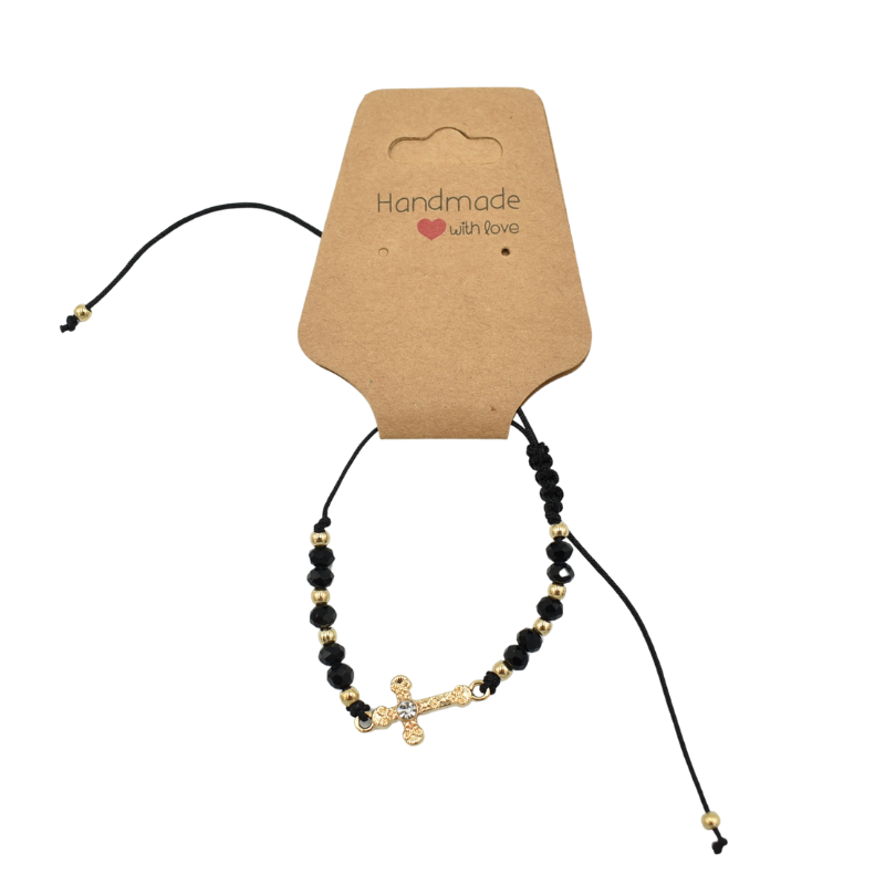Bratara neagra cu pietricele si cruciulita aurie cu strasuri [1]