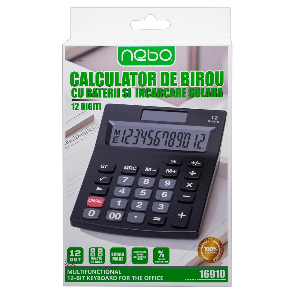 Calculator 12 digiti cu baterii si incarcare solara negru Nebo [2]