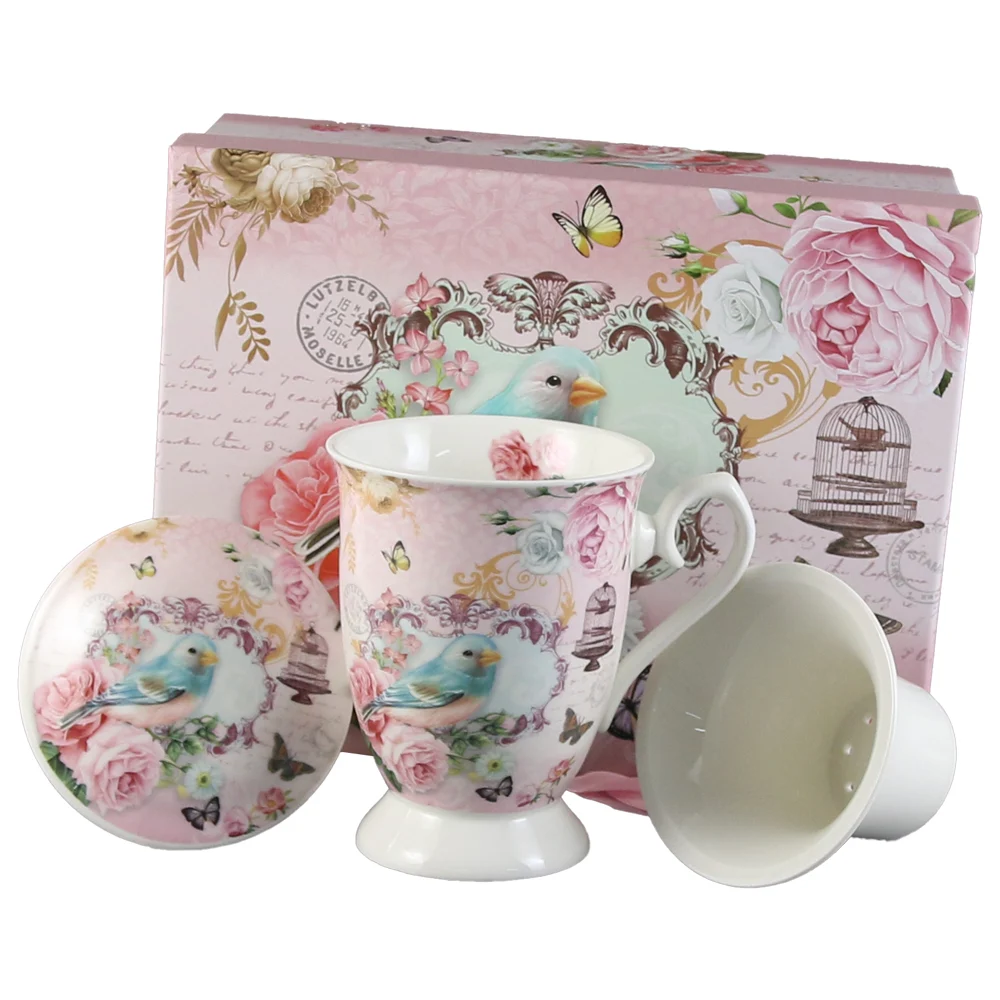 Cana ceramica cu infuzor si capac 300 ml Pasare in cutie cadou [1]