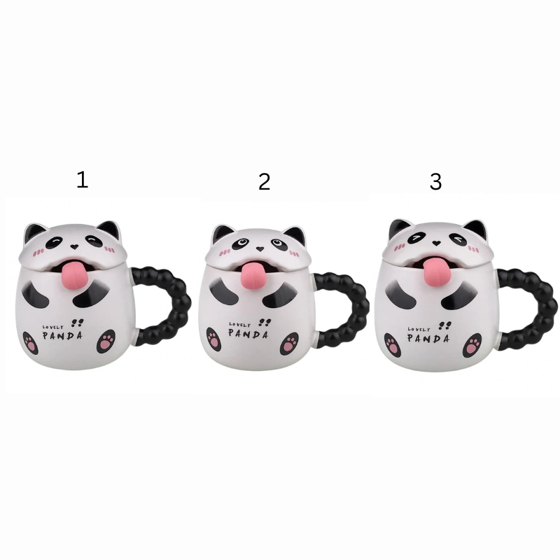 Cana ceramica panda cu capac si lingurita 9x11 cm [5]