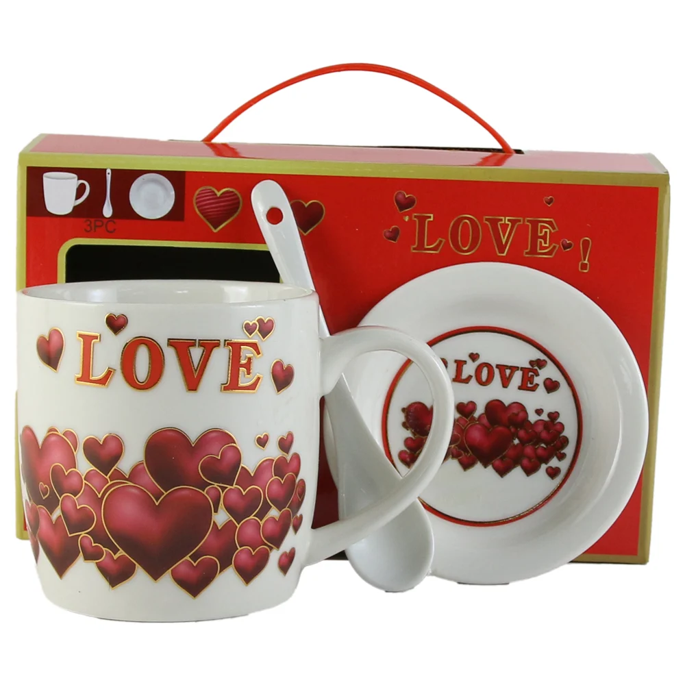 Cana cu farfurie si lingurita din ceramica Love inimioare 20 x 8 x 12 cm modele diferite [5]